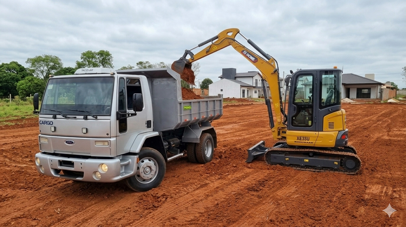Excavadora y camión trabajando en terreno